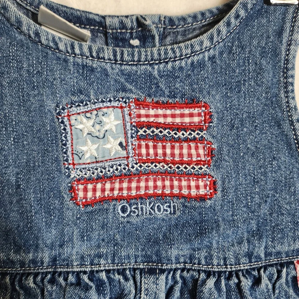 OshKosh B'gosh Baby Girls Blue Denim Americana Flag Gingham Jumper Dress 18M